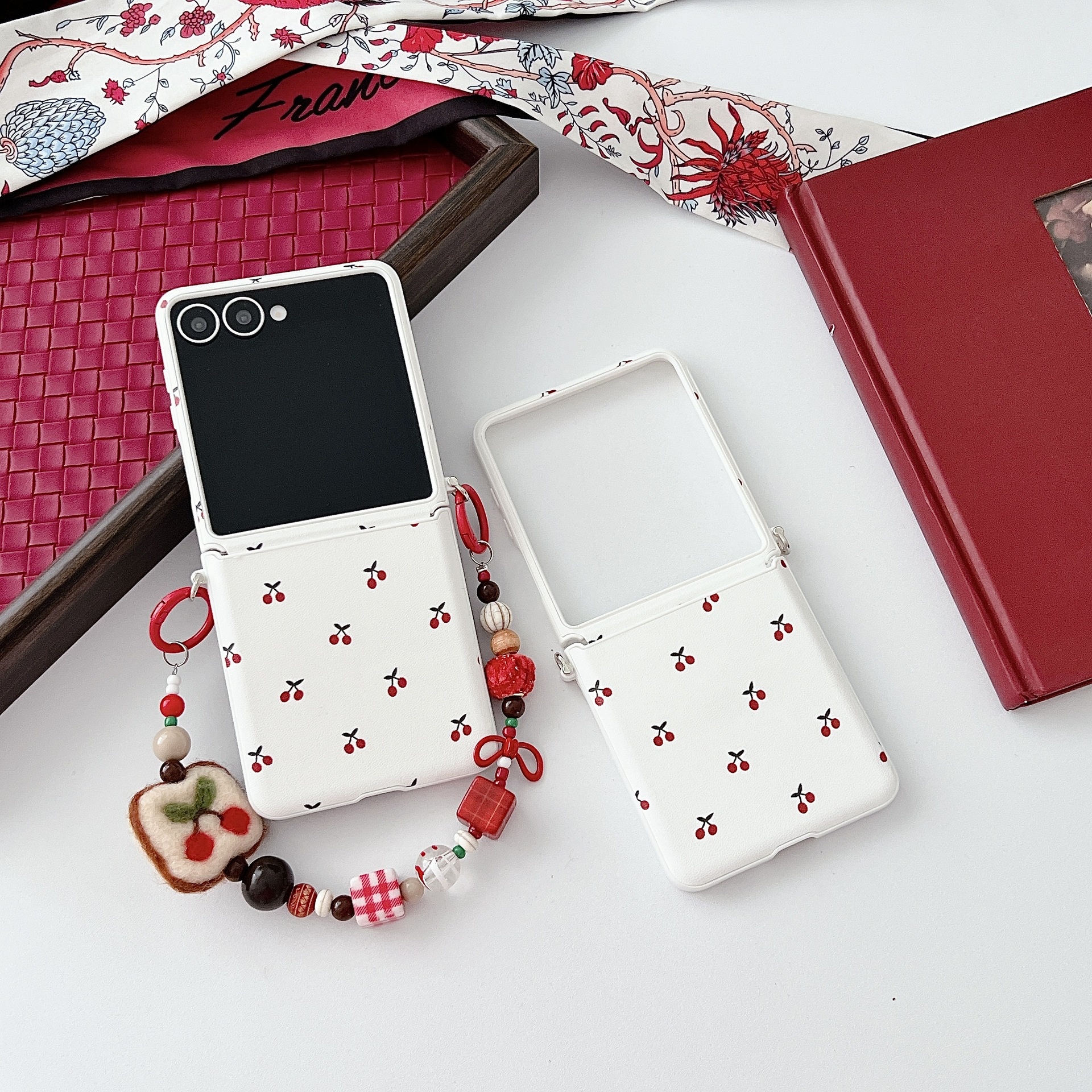 White Background Korean Style Cherry Phone Case for Samsung Z Flip 7/5/6/4 Foldable Protective Shell Compatible with Oppo and Huawei – Image 5